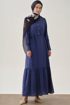 Yarım Patlı Büzgü Etekli Elbise - Lacivert TUGBA