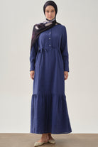 Yarım Patlı Büzgü Etekli Elbise - Lacivert TUGBA