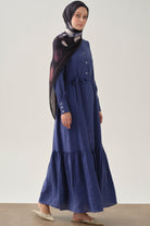 Yarım Patlı Büzgü Etekli Elbise - Lacivert TUGBA