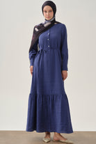 Yarım Patlı Büzgü Etekli Elbise - Lacivert TUGBA