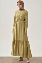 Yarım Patlı Büzgü Etekli Elbise - Olive TUGBA