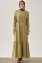 Yarım Patlı Büzgü Etekli Elbise - Olive TUGBA