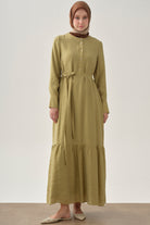 Yarım Patlı Büzgü Etekli Elbise - Olive TUGBA