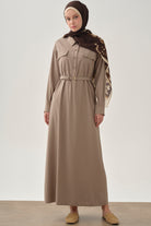 Yarım Patlı Kemerli Elbise - Vizon TUGBA