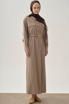 Yarım Patlı Kemerli Elbise - Vizon TUGBA