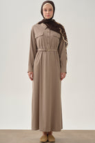 Yarım Patlı Kemerli Elbise - Vizon TUGBA