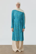 Yırtmaçlı Desenli Uzun Tunik - Yeşil TUGBA