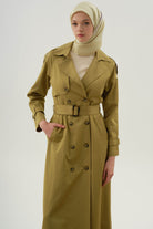 Yırtmaçlı Kruvaze Pardesü - Olive TUGBA