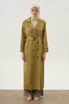 Yırtmaçlı Kruvaze Pardesü - Olive TUGBA