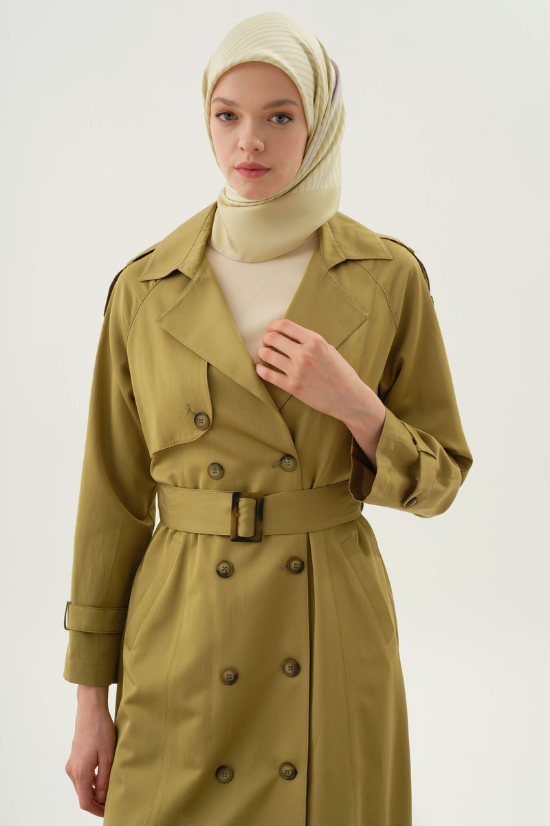 Yırtmaçlı Kruvaze Pardesü - Olive TUGBA
